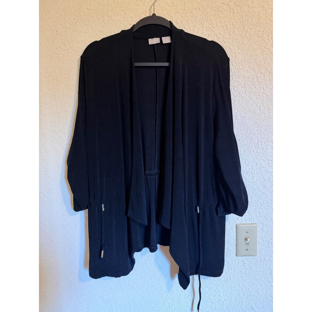 Chicos‎ Travelers Black Open Front Cardigan Drawstring Waist Size 2 L 12-14